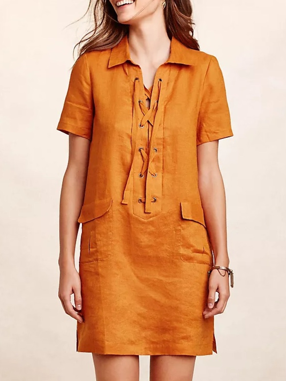 Maeve Anthropologie linen orange mango tie front collared mini dress size US 6